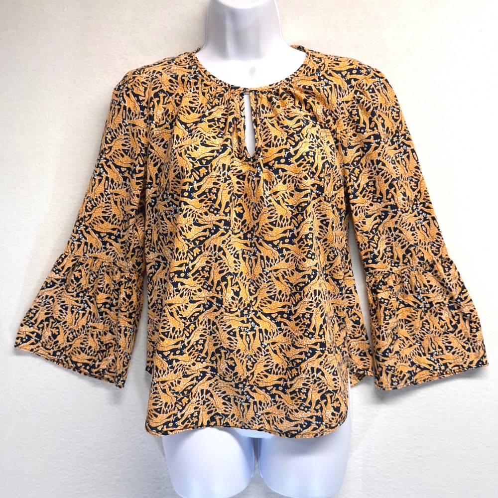 J.Crew Drake's London Top Womens 4 Giraffe Print Bell Sleeve Keyhole Popover - Picture 2 of 10